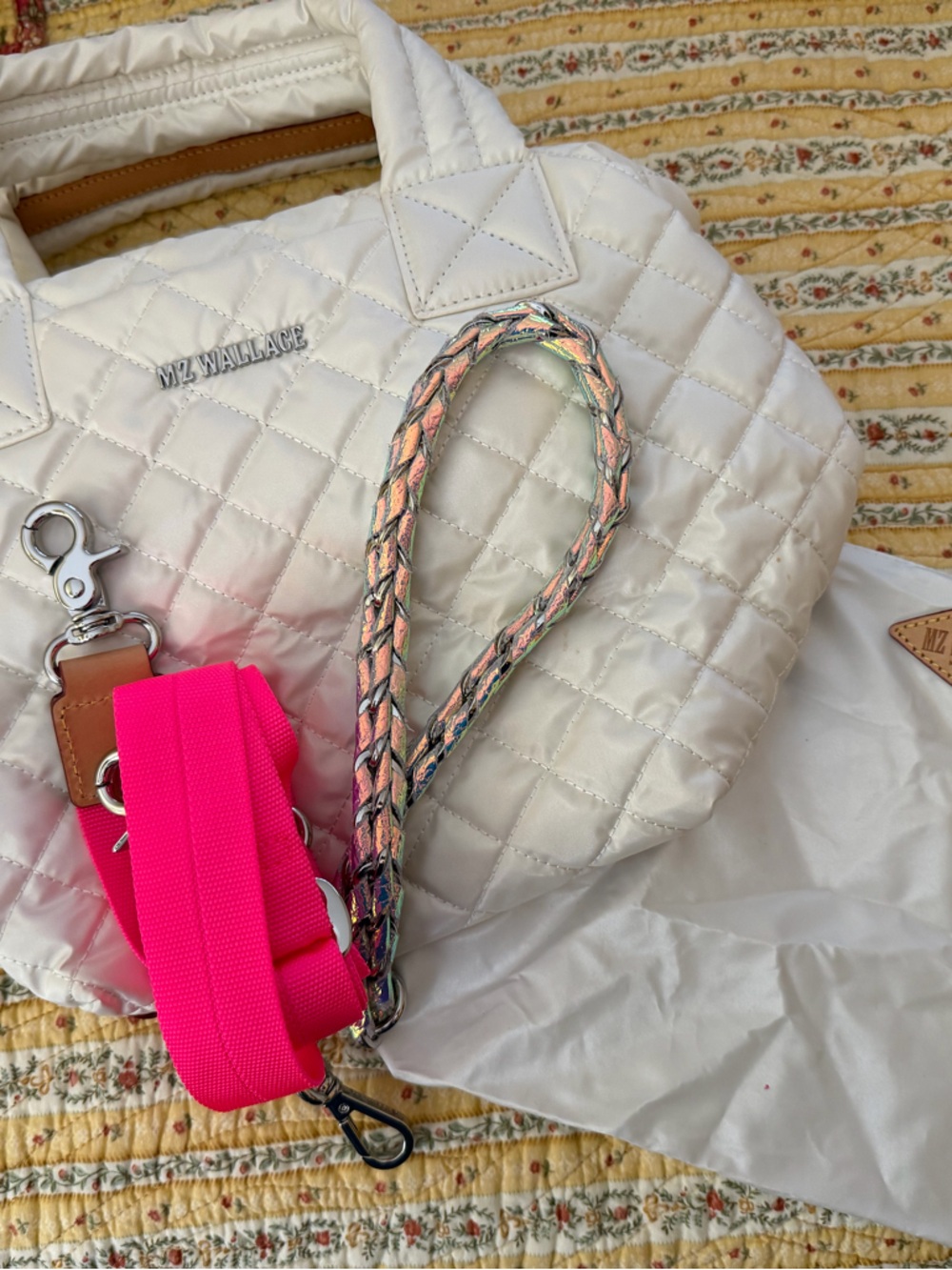 MZ Wallace pearl white small metro tote with pink strap, iridescent chain strap